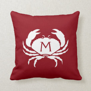 Two-Sided Nautical Red Crab Monogram Cushion