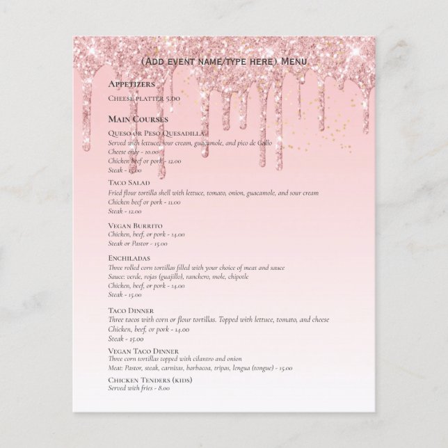 Two sided Rose Gold Dripping Glitter MENU Template (Front)