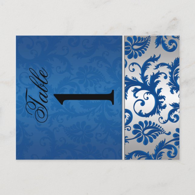 Two Sided Silver and Blue Damask Table Number Postcard (Front)
