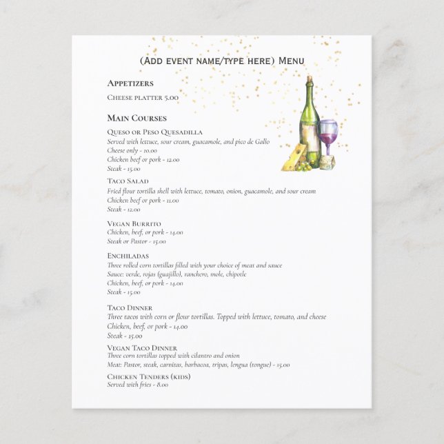Two sided Wine Cheese Menu Template Budget (Front)