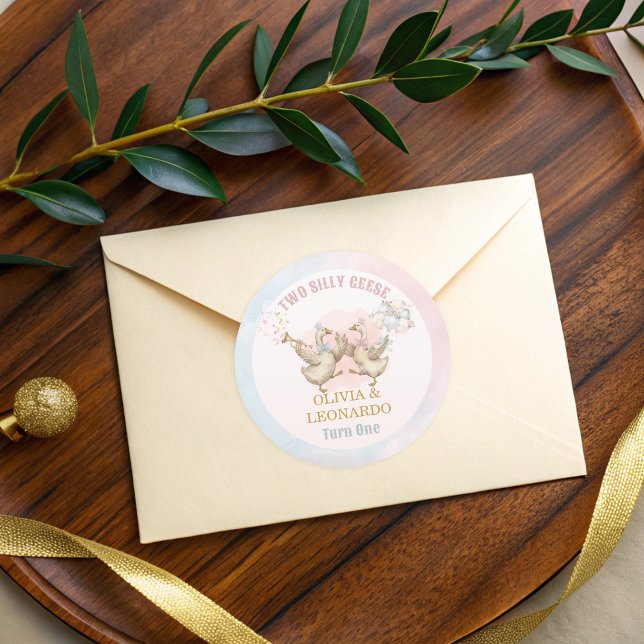 Two Silly Geese Boy & Girl Twins Birthday Classic Round Sticker (Creator Uploaded)