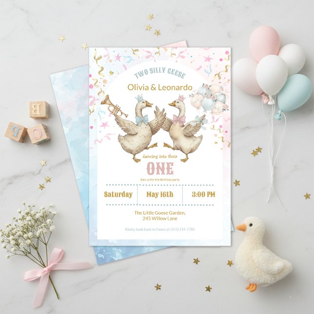 Two Silly Geese Boy & Girl Twins Birthday Invitation (Creator Uploaded)