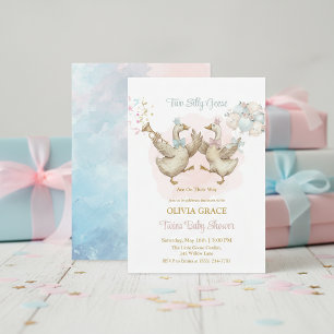 Two Silly Geese Pink And Blue Twins Baby Shower Invitation