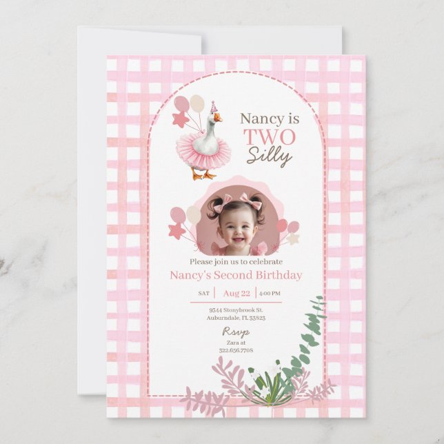 Two Silly Goose 2nd Birthday Pink Photo Invitation (Front)
