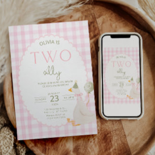 Two Silly Goose Birthday Invite Pink Gingham
