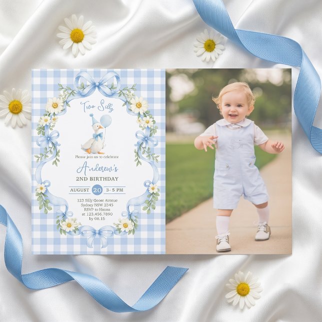 Two Silly Goose Blue Bow Birthday Invitation Photo (Creator Uploaded)