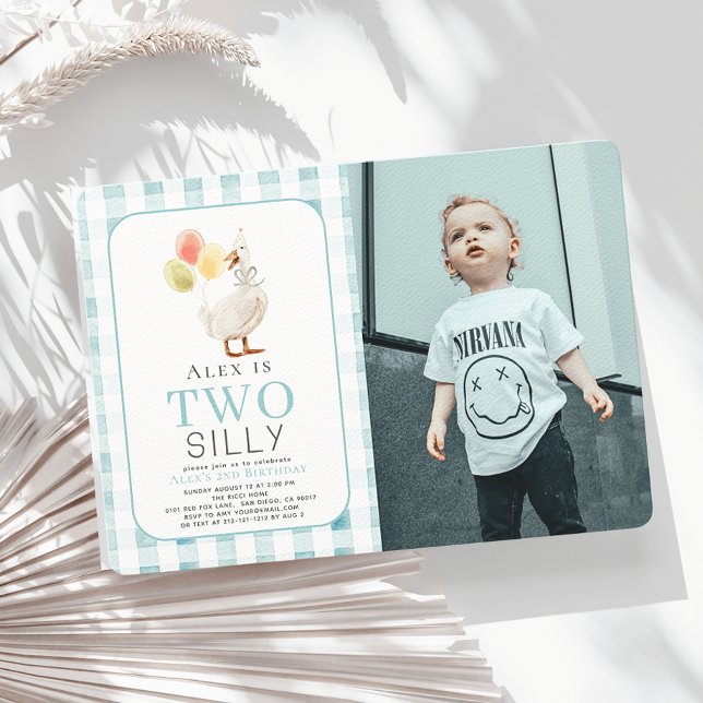 Two Silly Goose Blue Gingham Boy 2nd Birthday Invitation (Creator Uploaded)