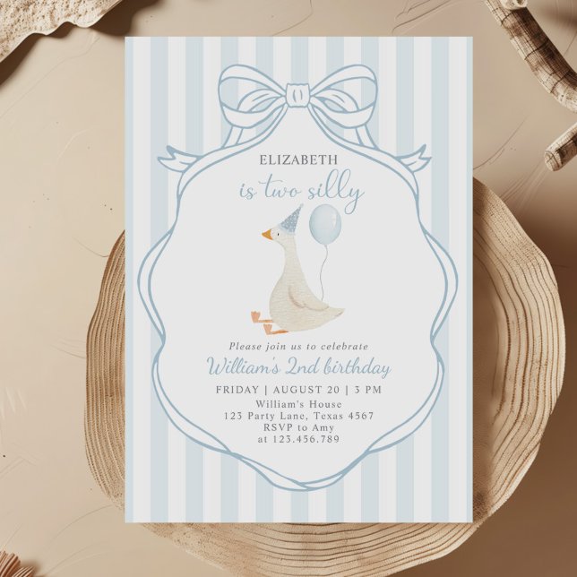 Two Silly Goose Boy Blue Bow 2nd Birthday Invitation (Creator Uploaded)