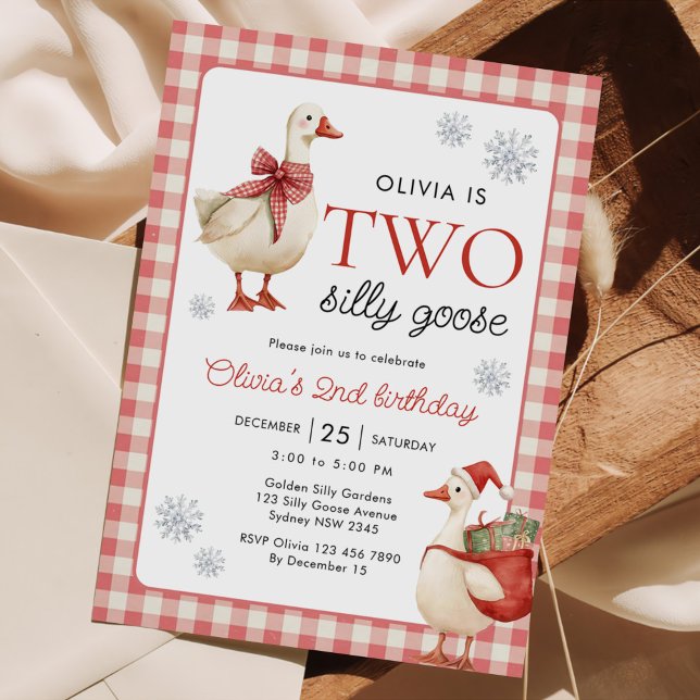 Two Silly Goose Christmas Gingham 2nd Birthday Invitation (Creator Uploaded)