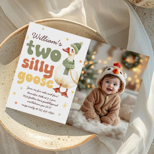 Two Silly Goose Christmas Green 2nd Birthday Photo Invitation
