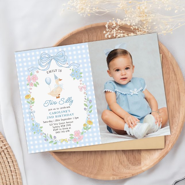 Two Silly Goose Floral Bow 2nd Birthday Photo Invitation (Creator Uploaded)