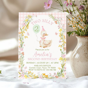 Two Silly Goose Floral Pink Gingham Girl Birthday Invitation