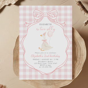 Two Silly Goose Girl Pink Bow 2nd Birthday Invitation