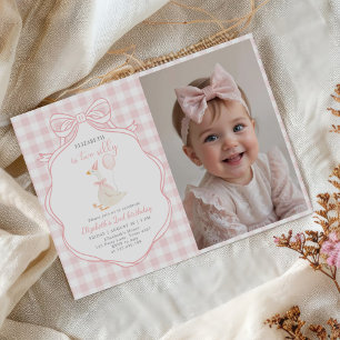 Two Silly Goose Girl Pink Bow 2nd Birthday Photo Invitation
