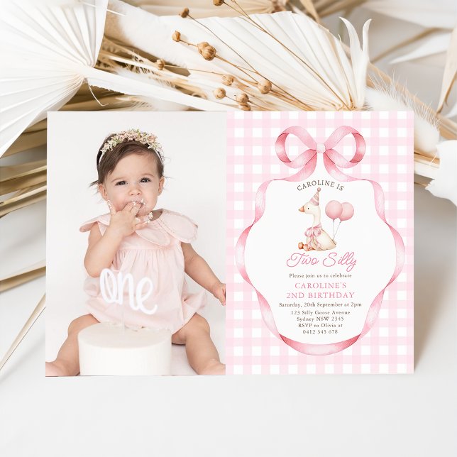 Two Silly Goose Pink Bow Girl 2nd Birthday Photo Invitation (Creator Uploaded)