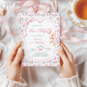 Two Silly Goose Pink Floral Girl 2nd Birthday Invitation