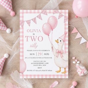 Two Silly Pink Gingham Girl Birthday Invitation