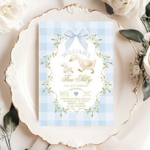 Two Silly Whimsical Blue Gingham Boy 2nd Birthday Invitation