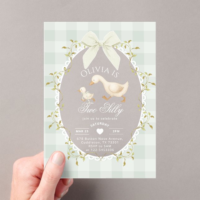 Two Silly Whimsical Sage Gingham 2nd Birthday Acrylic Invitations (Insitu (Handheld))