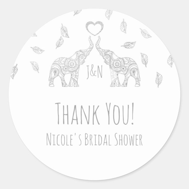 Two Silver Elephants & Fall Leaves Wedding Favour Classic Round Sticker (Front)