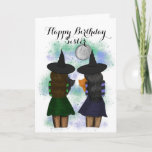 Two Sister Witches With Cats Birthday Card<br><div class="desc">Two witches carrying two cats on a silver full moon illustration birthday card. Cute birthday card for sisters, friends, or sisters-in-law who have birthdays in October. The illustration features one witch in a purple outfit and the other one in a green outfit. There is magic all around. Express your feelings...</div>