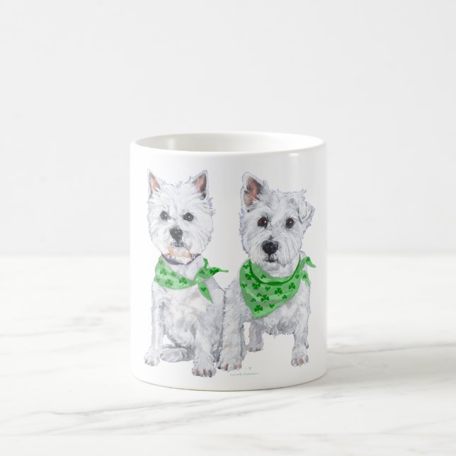 Two Sitting Westies on St Patricks Day Coffee Mug (Center)