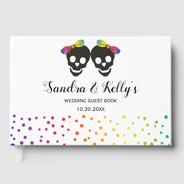Two skull brides and confetti lesbian wedding guest book (Front)