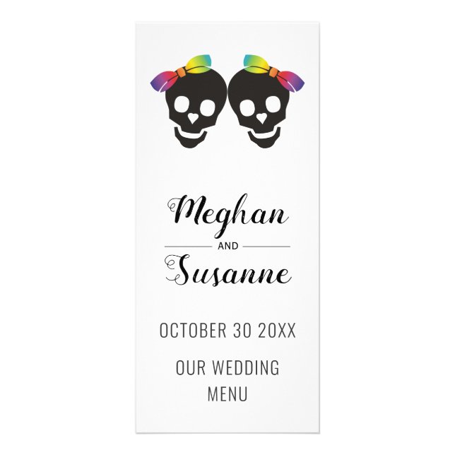 Two skull brides, bows lesbian wedding menu card (Front)