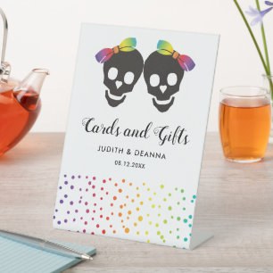 Two skull brides colourful confetti lesbian weddin pedestal sign