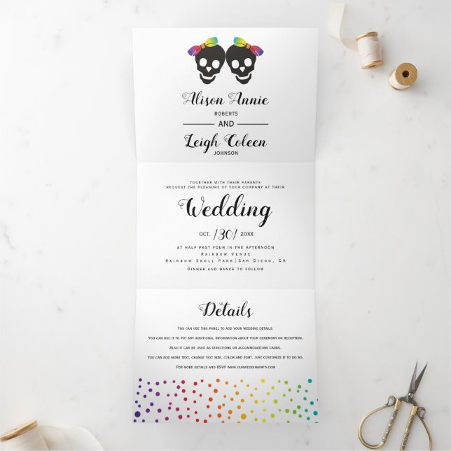 Two skull brides colourful confetti lesbian weddin Tri-Fold invitation (Inside)