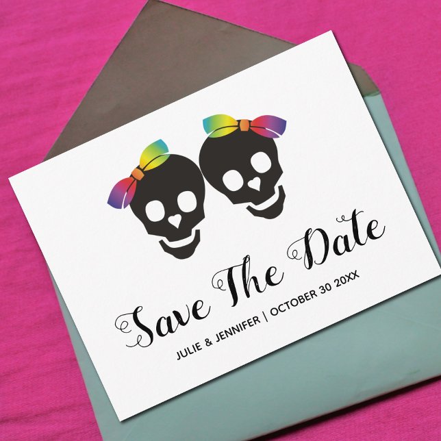 Two skull brides, confetti lesbian Save the Date A Announcement Postcard (Creator Uploaded)