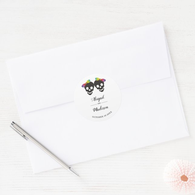 Two skull brides rainbow colours lesbian wedding classic round sticker (Envelope)
