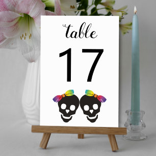 Two skull brides with bows lesbian wedding table number