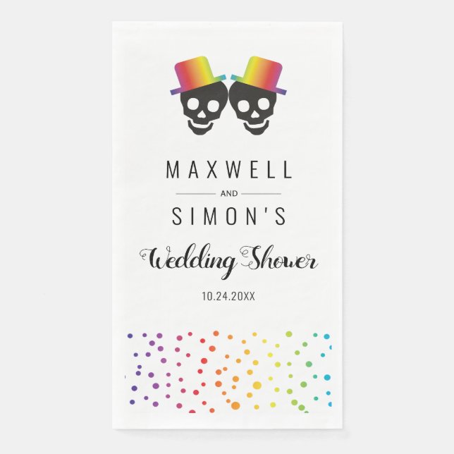 Two skull grooms and confetti gay wedding shower napkin (Front)