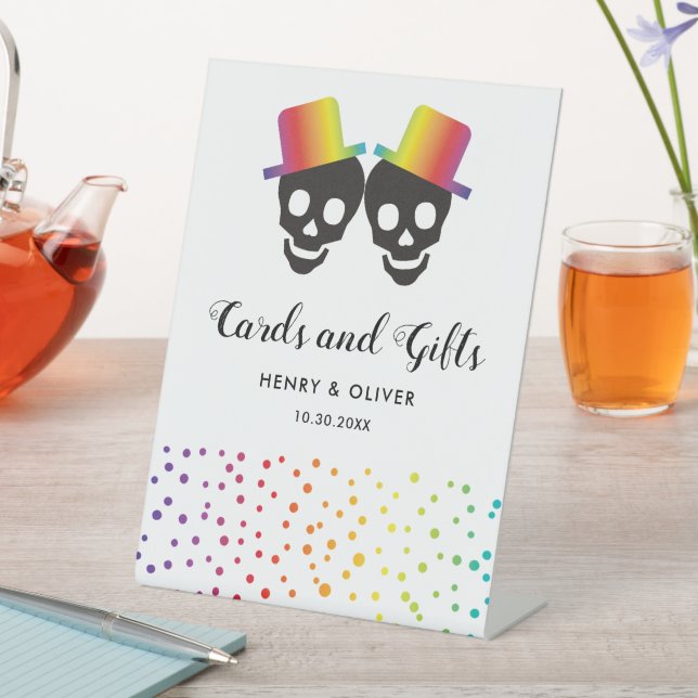Two skull grooms, colourful confetti gay wedding pedestal sign (In SItu)