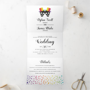 Two skull grooms colourful confetti gay wedding Tri-Fold invitation