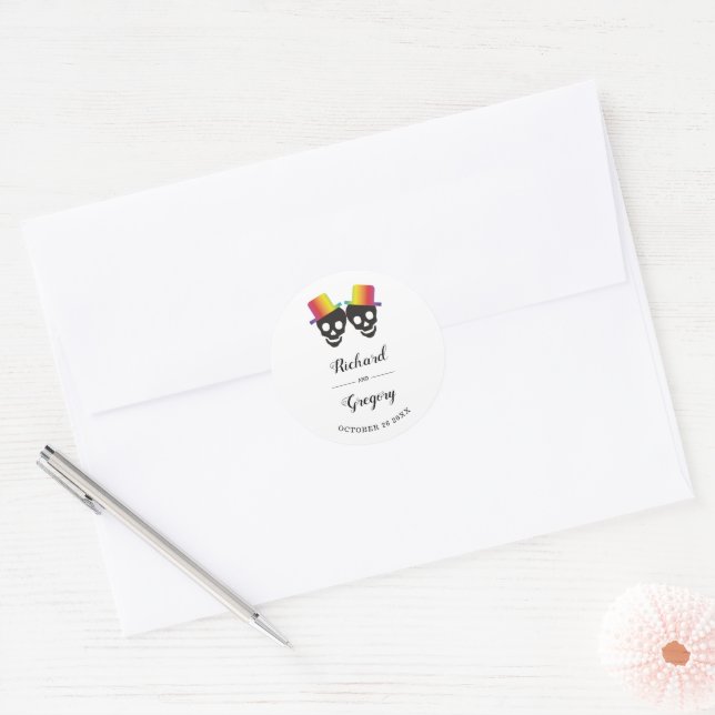 Two skull grooms rainbow colours gay wedding classic round sticker (Envelope)