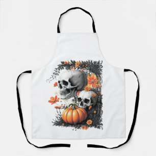 Two skulls and a pumpkin among flowers. apron