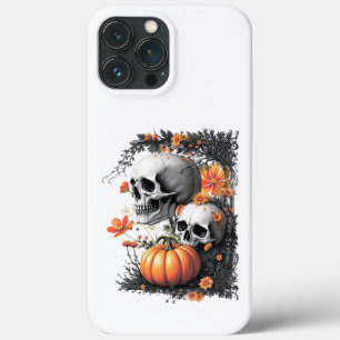 Two skulls and a pumpkin among flowers. iPhone 13 pro max case