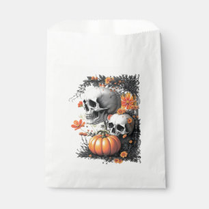 Two skulls and a pumpkin among flowers. favour bags