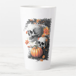 Two skulls and a pumpkin among flowers. latte mug