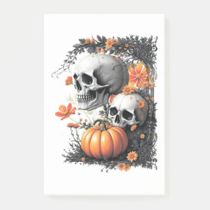 Two skulls and a pumpkin among flowers. post-it notes