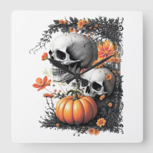 Two skulls and a pumpkin among flowers. square wall clock