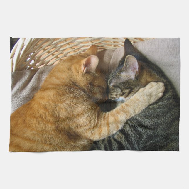 Two Sleeping Tabby Cats Cuddling Tea Towel (Horizontal)