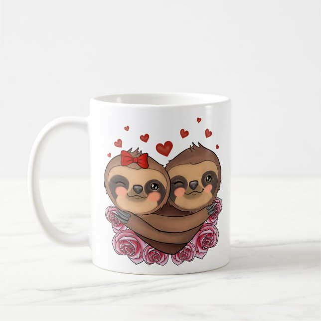 Two Sloths in Love Hugging Hearts Valentine's day Coffee Mug (Left)
