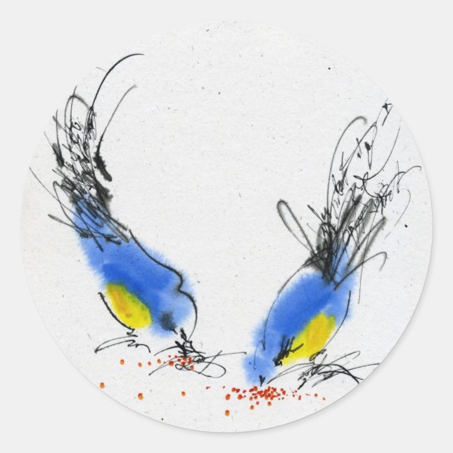 Two small titmouses pecking grain. Calligraphy Classic Round Sticker (Front)