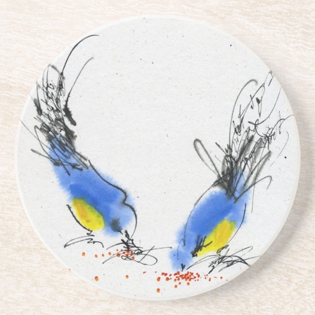 Two small titmouses pecking grain. Calligraphy Coaster (Front)