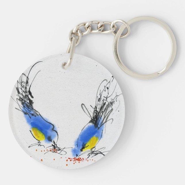 Two small titmouses pecking grain. Calligraphy Key Ring (Back)