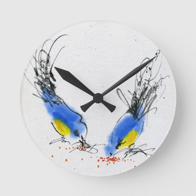 Two small titmouses pecking grain. Calligraphy Round Clock (Front)
