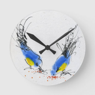 Two small titmouses pecking grain. Calligraphy Round Clock